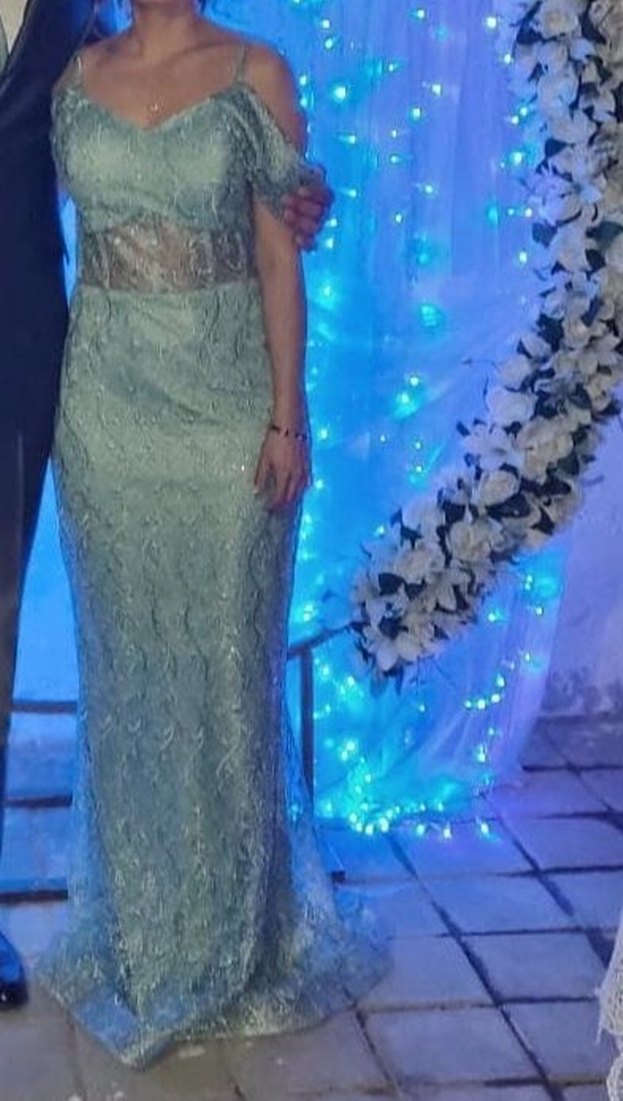 mint yeşili güpürlü Uzun Abiye Elbise - Görsel 4