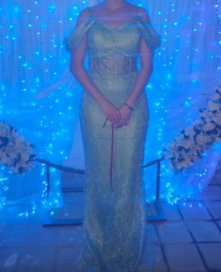 mint yeşili güpürlü Uzun Abiye Elbise - Görsel 5