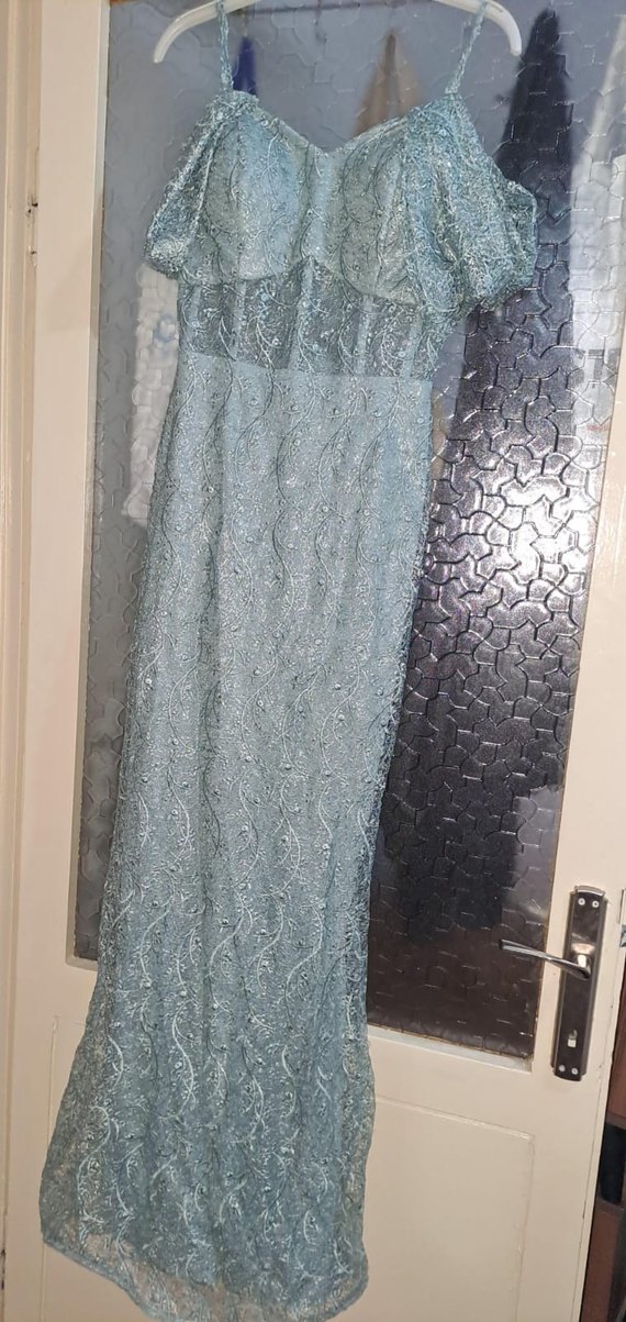 mint yeşili güpürlü Uzun Abiye Elbise - Görsel 2