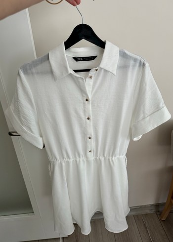 Düğmeli Keten Mini Beyaz Elbise - Görsel 5