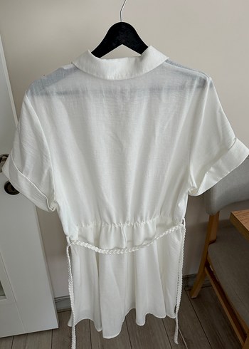 Düğmeli Keten Mini Beyaz Elbise - Görsel 4