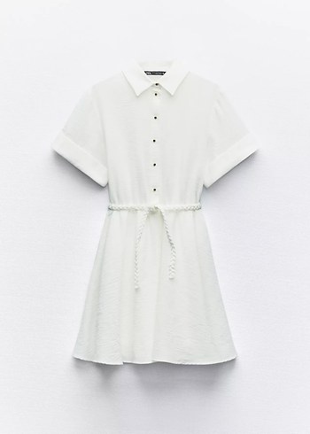 Düğmeli Keten Mini Beyaz Elbise - Görsel 2
