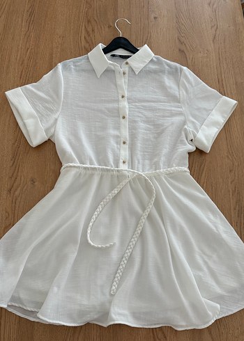 Düğmeli Keten Mini Beyaz Elbise - Görsel 3