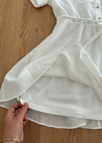 Düğmeli Keten Mini Beyaz Elbise - Görsel 6