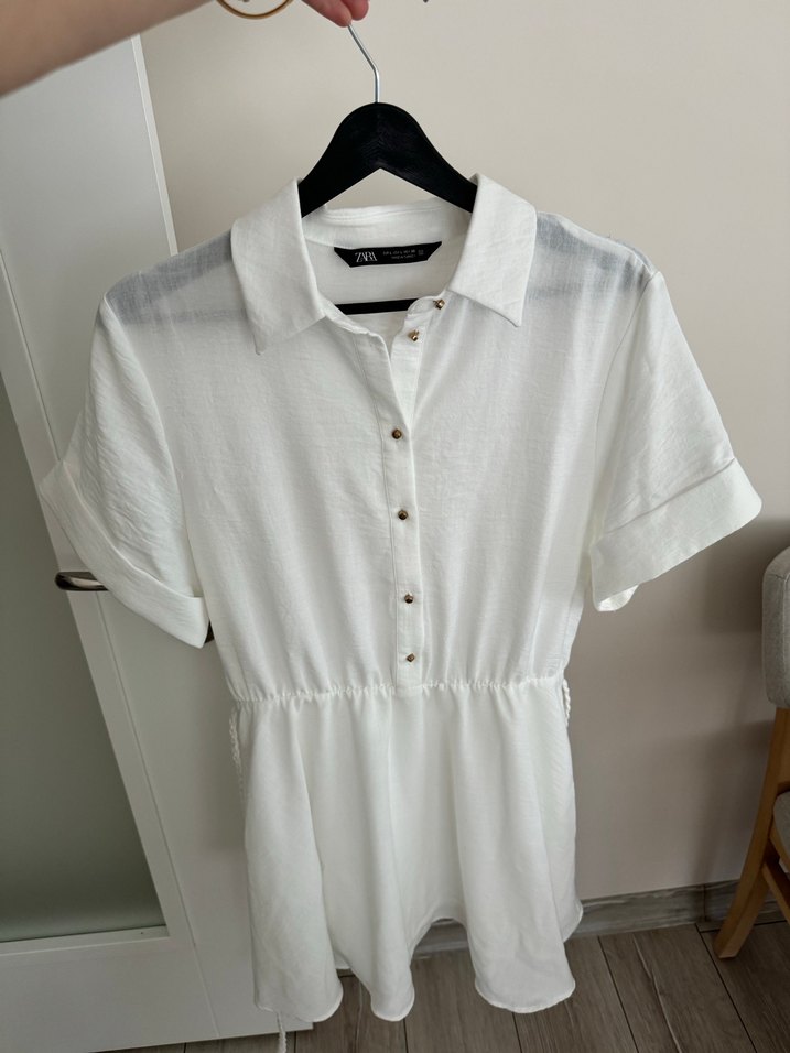 Düğmeli Keten Mini Beyaz Elbise - Görsel 5