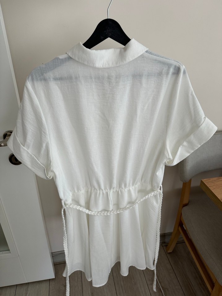 Düğmeli Keten Mini Beyaz Elbise - Görsel 4