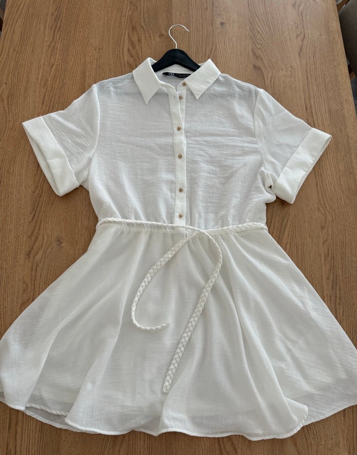 Düğmeli Keten Mini Beyaz Elbise - Görsel 3