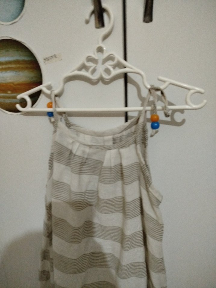 Bej Gri Çizgili Çocuk Elbisesi pamuk 2 3 yaş - Görsel 3