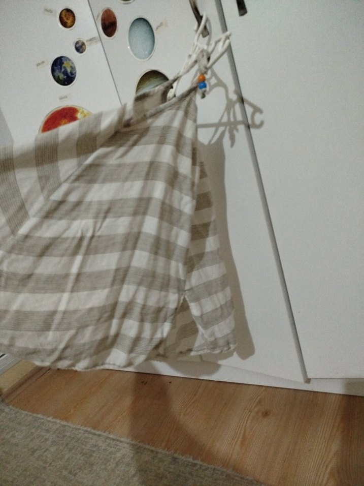 Bej Gri Çizgili Çocuk Elbisesi pamuk 2 3 yaş - Görsel 4