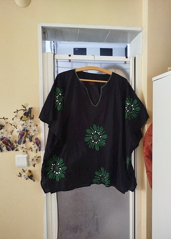 Bohem Siyah Drapeli Kadın Bluz xxxl