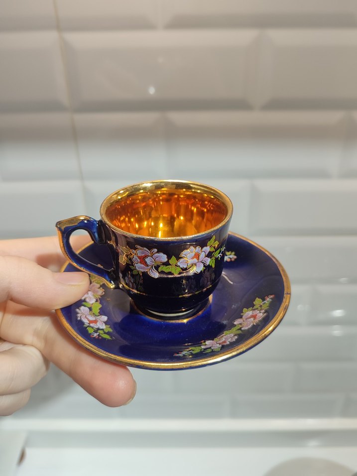 Lacivert Çiçek Desenli nostalji 2'li Fincan Takımı - Görsel 3