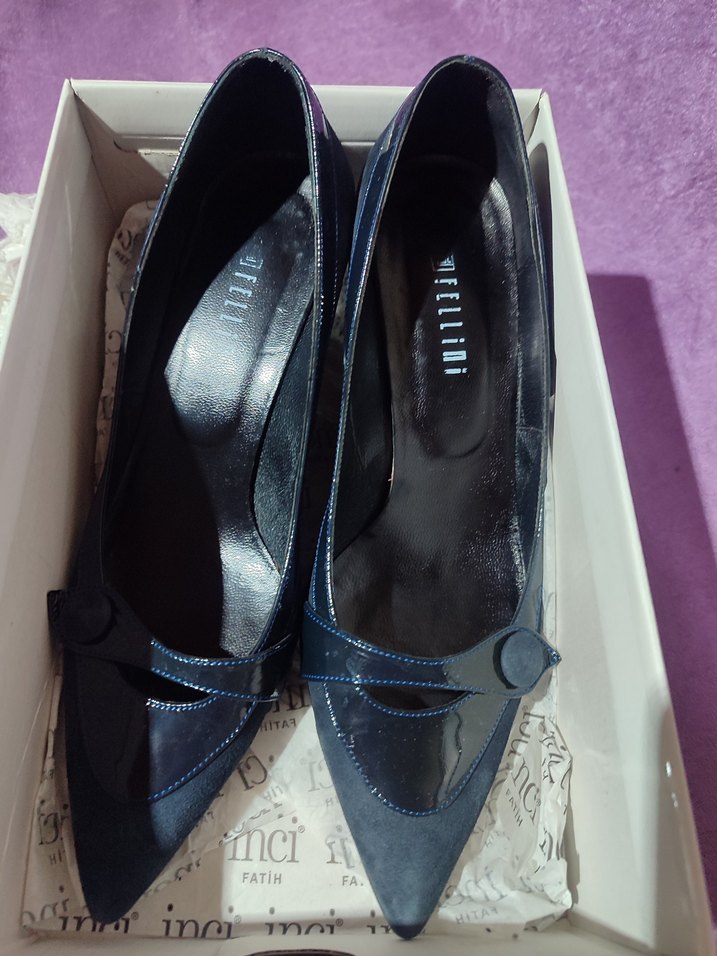 Koyu Mavi Süet Tokalı Yüksek Topuklu Stiletto - Görsel 2