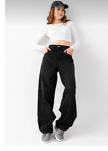 34 Beden siyah Renk Kemer detay baggy jean
