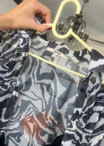 l Beden Zebra Desenli Uzun Kollu Drapeli Bluz koton