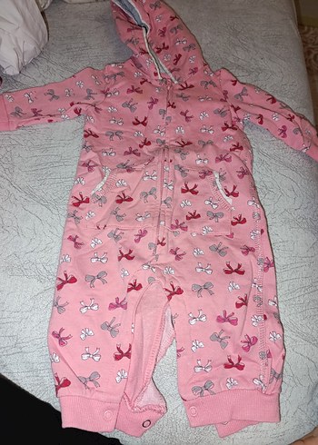 Kapüşonlu Desenli Pembe Bebek Tulum - Görsel 2