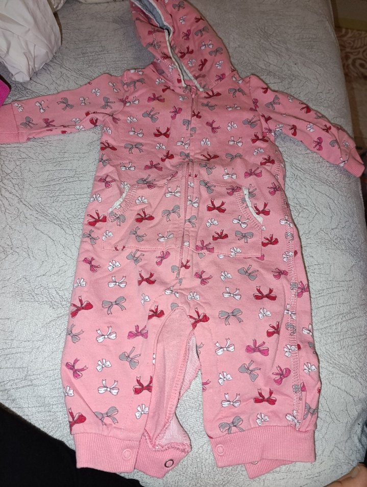 Kapüşonlu Desenli Pembe Bebek Tulum - Görsel 2