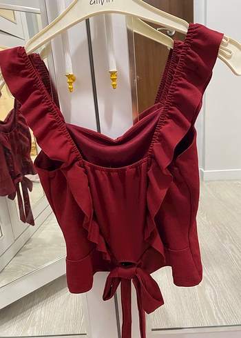 Bordo Fırfırlı Crop Bluzu - Görsel 2