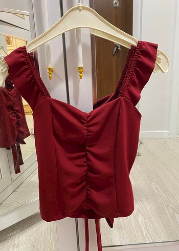 Bordo Fırfırlı Crop Bluzu - Görsel 4