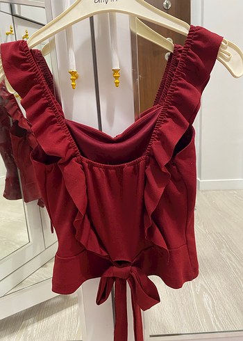 Bordo Fırfırlı Crop Bluzu - Görsel 5