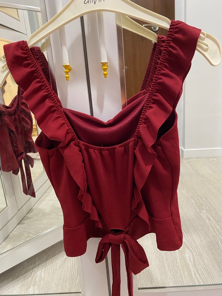 Bordo Fırfırlı Crop Bluzu - Görsel 2