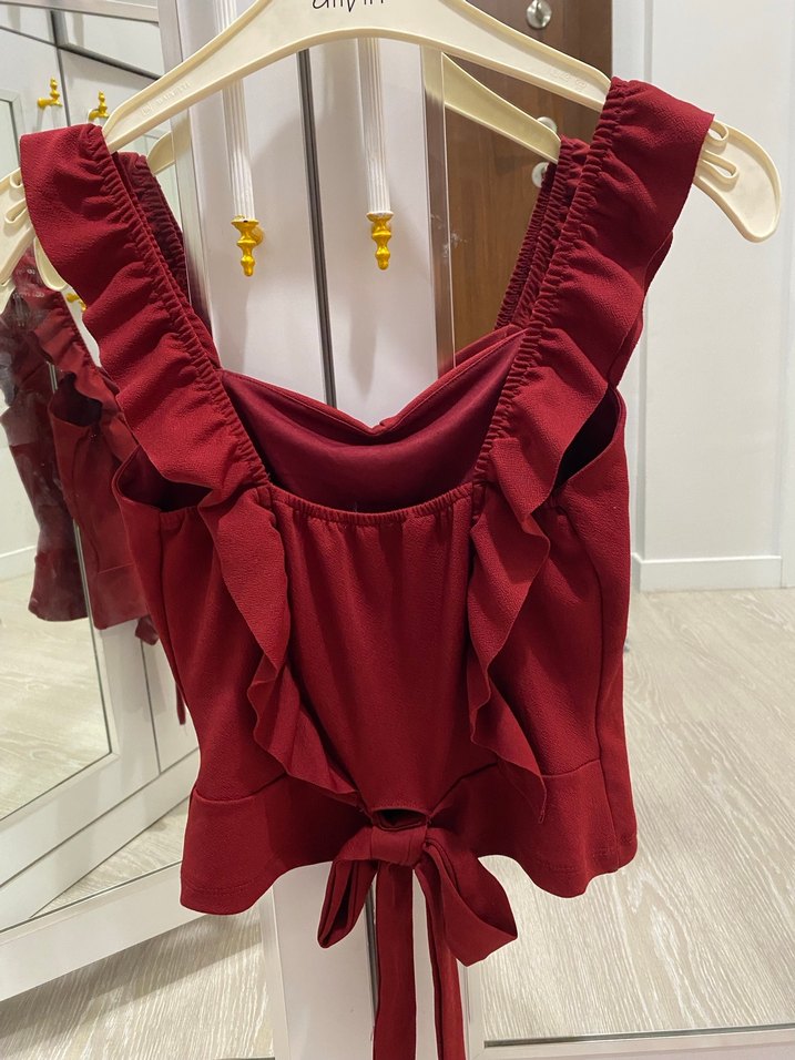 Bordo Fırfırlı Crop Bluzu - Görsel 5