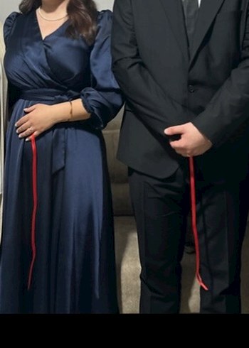 Lacivert saten midi elbise - Görsel 4