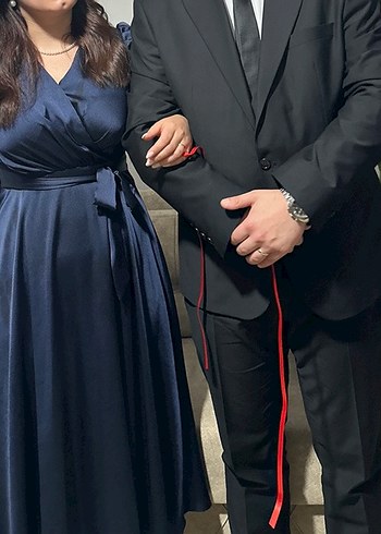 Lacivert saten midi elbise - Görsel 2