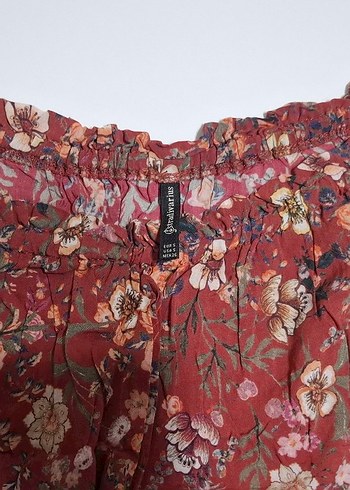 Stradivarius Bordo Çiçekli Bohem Uzun Kollu Bluz - Görsel 2