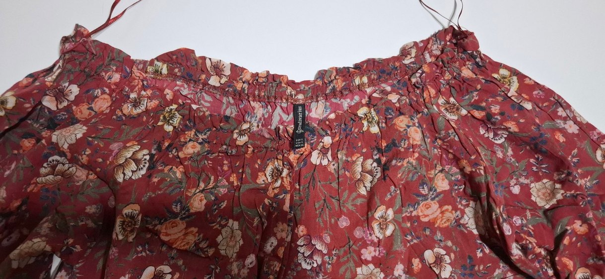 Stradivarius Bordo Çiçekli Bohem Uzun Kollu Bluz - Görsel 2