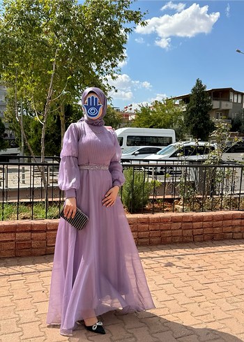 Uzun Kolay Kesim Mor Abiye Elbise