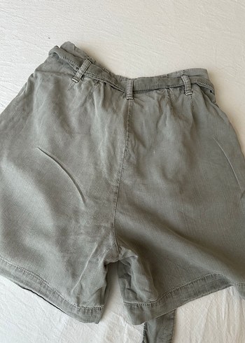 xs Beden haki Renk Gri Keten Beli Kuşaklı Mini Şort