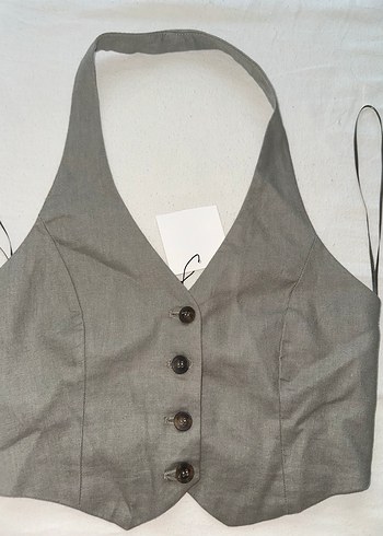 Bershka Düğmeli Gri Keten V Yaka Kadın Yelek
