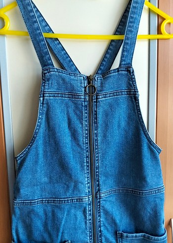 36 Beden Kadın Mavi Denim Askılı Kısa Tulum