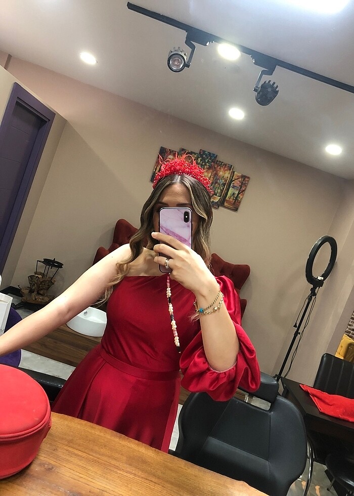 Kırmızı tek kol abiye - Görsel 3