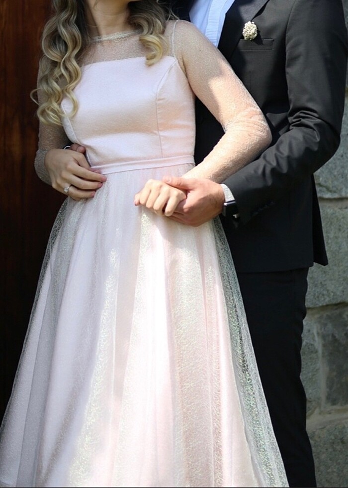 Özel dikim pudra renk midi boy elbise - Görsel 2