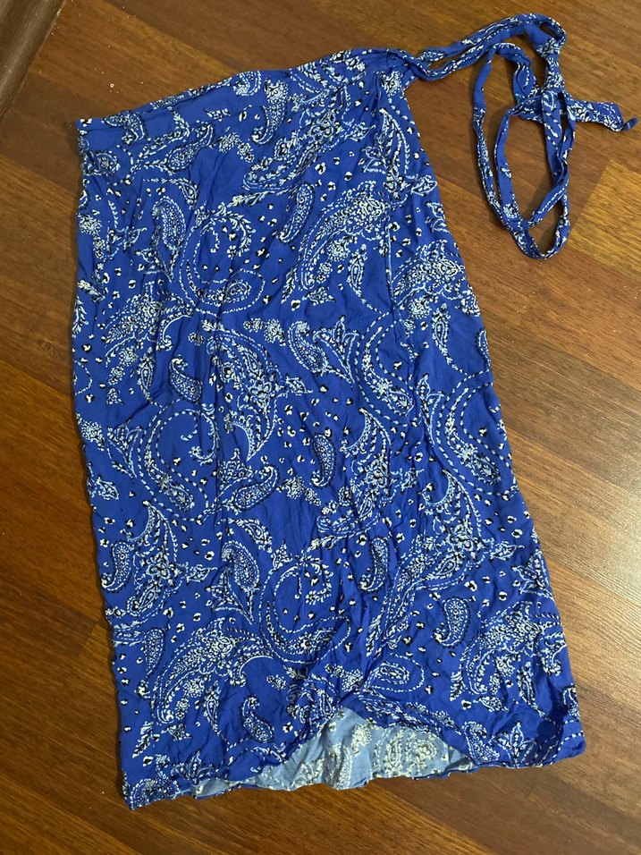 Mavi Uzun Bağlamalı  Desenli Etek - Görsel 2