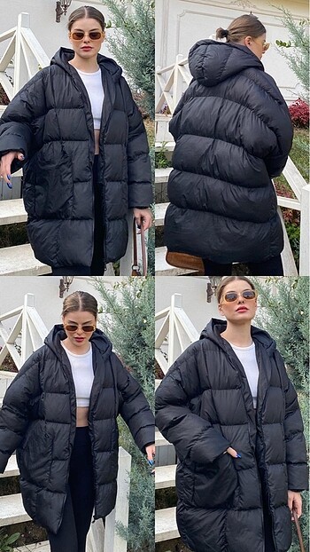 Kapşonlu oversize şişme mont