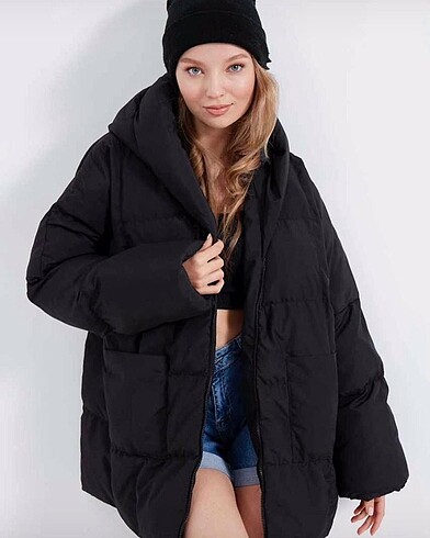 Kapşonlu uzun şişme mont yarasa kol oversize