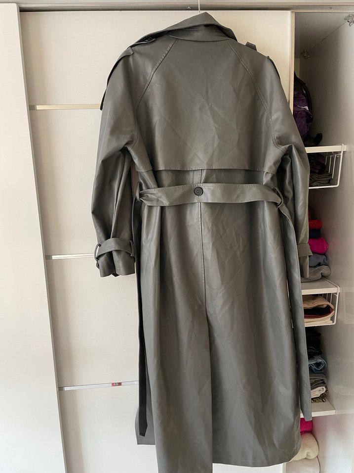 Gri Deri Uzun Trençkot - Görsel 5