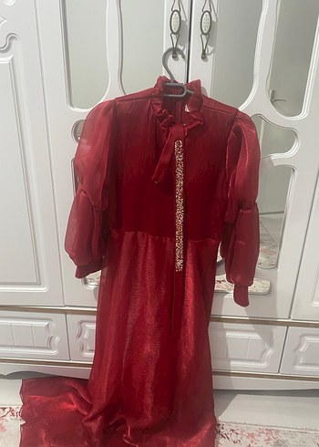 Drapeli Kırmızı Vintage Uzun Kadın Elbisesi - Görsel 4