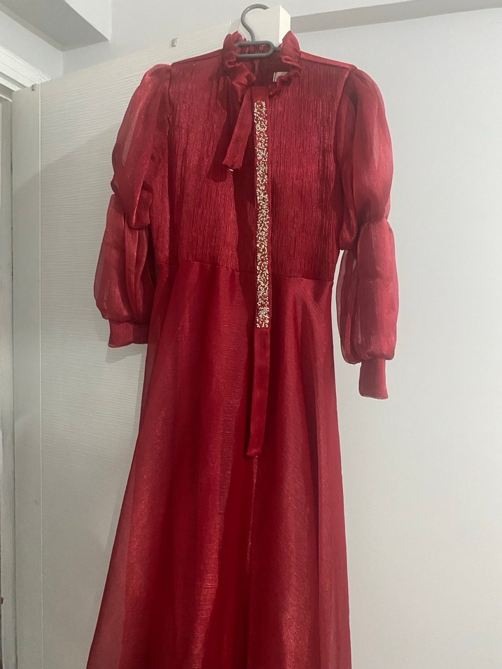 Drapeli Kırmızı Vintage Uzun Kadın Elbisesi - Görsel 2