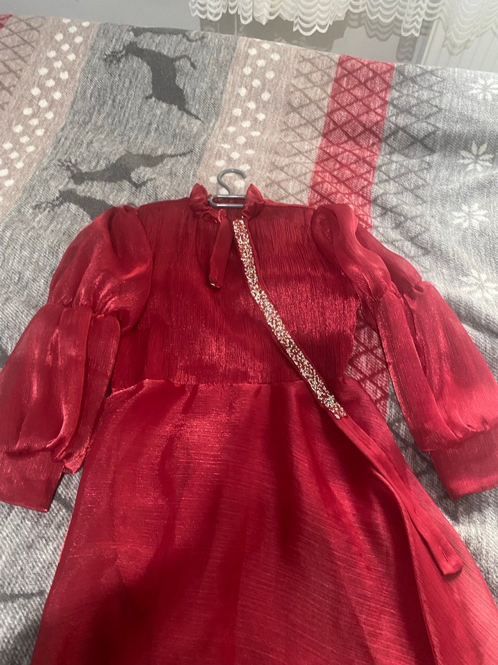 Drapeli Kırmızı Vintage Uzun Kadın Elbisesi - Görsel 5