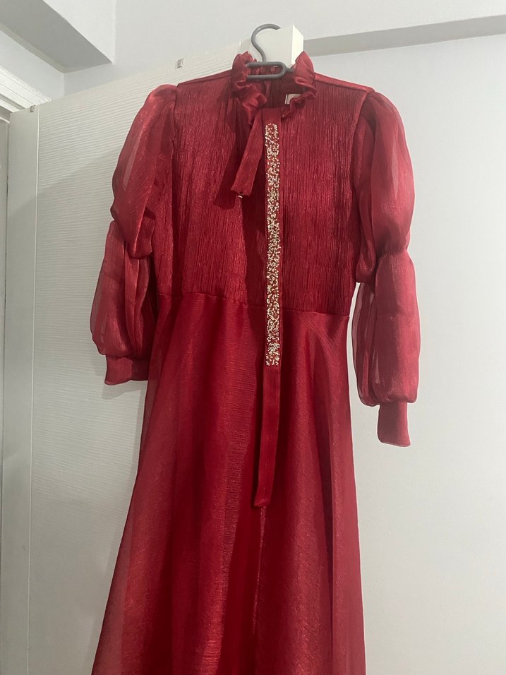 Drapeli Kırmızı Vintage Uzun Kadın Elbisesi - Görsel 3