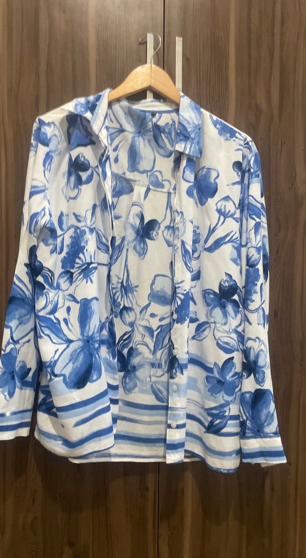 Mavi Desenli Bohem Uzun Kollu Gömlek - Görsel 2