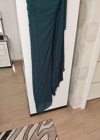Abiye Yeşil Nakışlı Drapeli Uzun Abiye Elbise tek omuz şifon