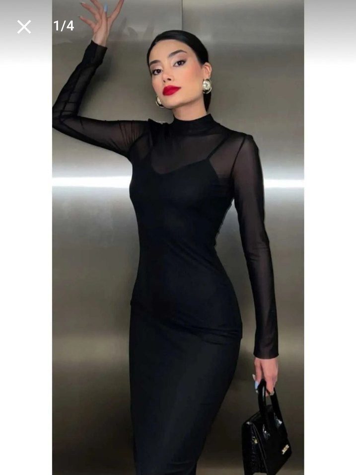 Şeffaf Detaylı Siyah Uzun Kollu Uzun Elbise - Görsel 2