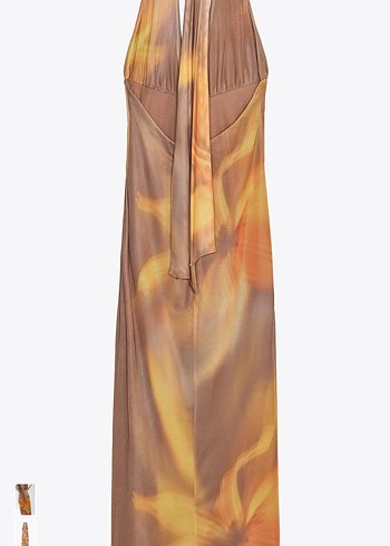 Parlak Bej Bağcıklı Uzun V Yakalı Elbise - Görsel 4