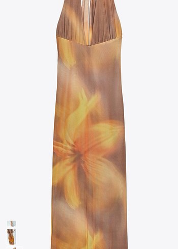 Parlak Bej Bağcıklı Uzun V Yakalı Elbise - Görsel 3