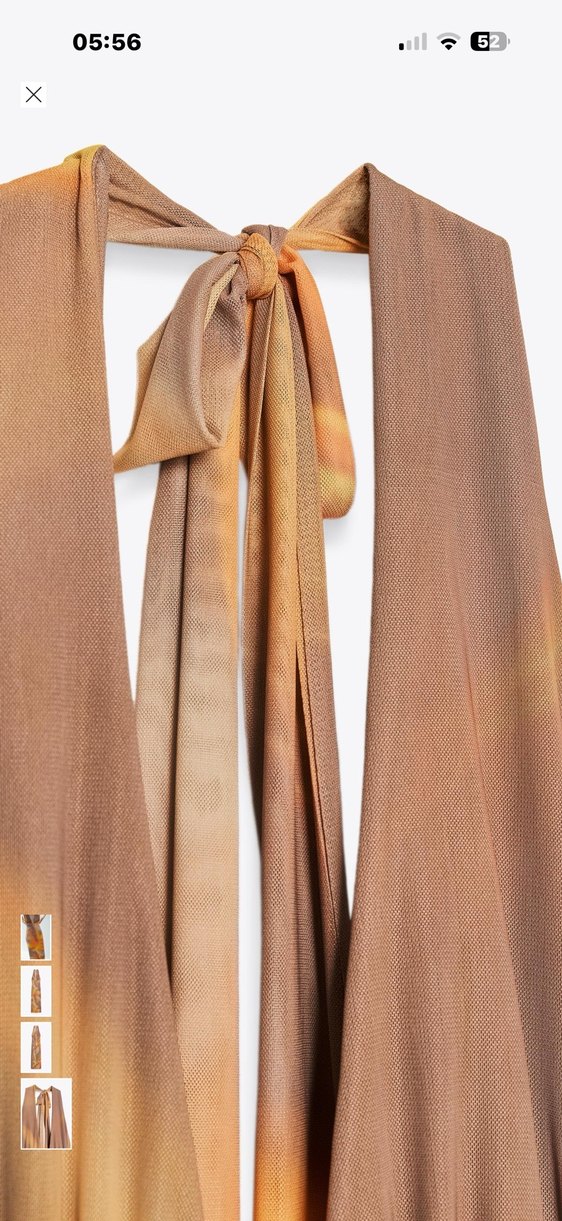 Parlak Bej Bağcıklı Uzun V Yakalı Elbise - Görsel 5