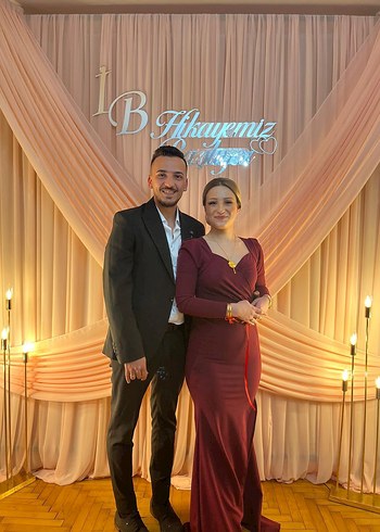 Uzun Kollu Bordo Drapeli Uzun Elbise